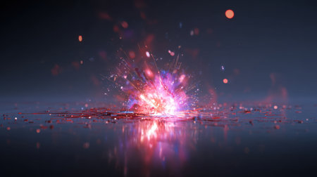 A mesmerizing explosion of light and color bursts forth against a dark backdrop, creating a stunning visual effect. The reflective surface enhances this digital artwork's allure, perfect for creative projects.の素材