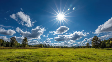 A stunning scene featuring bright sunlight streaming over a lush green meadow, adorned with fluffy clouds and a vibrant blue sky, perfect for nature lovers.の素材