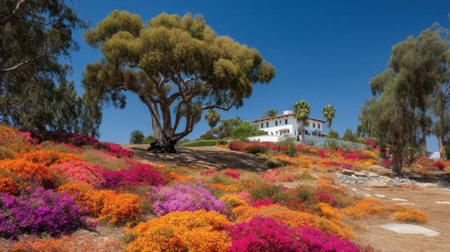 A stunning landscape showcases a vibrant array of colorful flowers in full bloom, with an elegant white house nestled among the greenery under a clear blue sky.の素材