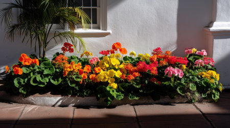 A stunning display of colorful flowers in vibrant shades brightens up an outdoor garden space. This beautiful flower bed showcases the beauty of nature and tranquility.の素材