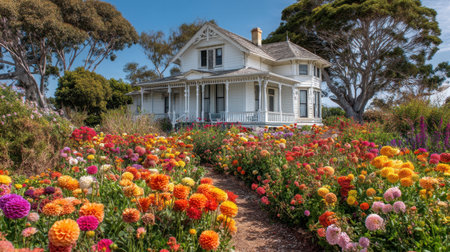 A stunning view of a vintage white house nestled among a colorful flower garden. Bright blooms create a vibrant scene under clear blue skies, perfect for relaxation.の素材