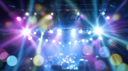 Dynamic concert scene featuring colorful stage lights and a soft bokeh effect. The vibrant atmosphere captures the essence of live music and exciting performances.の素材