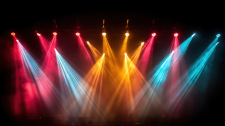 Vibrant stage lighting showcases radiant beams of color in a dark setting, perfect for concerts and performances, creating an electrifying atmosphere filled with energy.の素材