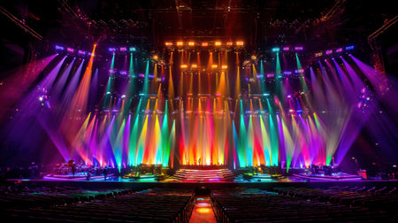 A stunning view of a concert stage featuring vibrant colorful lights and intricate designs, perfect for showcasing energy and excitement in live music events.の素材
