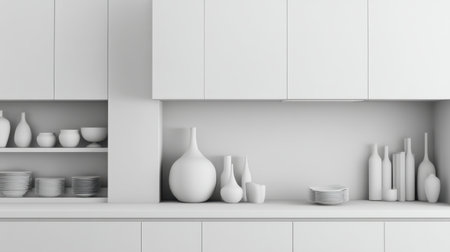 A serene and stylish kitchen featuring white cabinets and neat shelves with a collection of exquisite ceramic vases and dishware, embodying modern minimalism and tranquility.の素材
