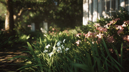 A beautiful lush garden pathway showcasing an array of colorful flowers and rich greenery, illuminated by soft sunlight, creating a serene outdoor atmosphere.の素材