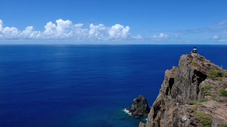 A person sits peacefully on a rocky cliff, gazing over the expansive blue ocean under a bright sky filled with fluffy clouds, offering a perfect escape into nature.の素材