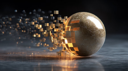 A captivating 3D visualization featuring a sphere breaking apart into glowing digital fragments, perfect for abstract designs, technology themes, and creative projects.の素材