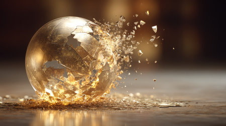 A striking image of a shattering crystal globe surrounded by golden particles, emphasizing movement and transformation in an ethereal setting, ideal for creative projects.の素材