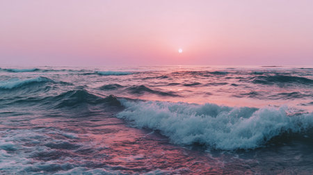 A tranquil scene of gentle waves meeting a serene sunset, casting soft pink and orange hues across the sky and ocean. Ideal for moments of peace and reflection.の素材