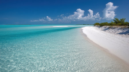 This stunning beach scene features crystal clear turquoise water lapping against a pristine white sand shore under a vibrant blue sky with fluffy clouds.の素材