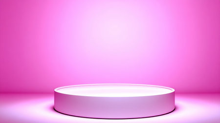 A minimalist circular display platform illuminated with soft light, set against a vibrant pink gradient background, perfect for product showcases and creative presentations.の素材