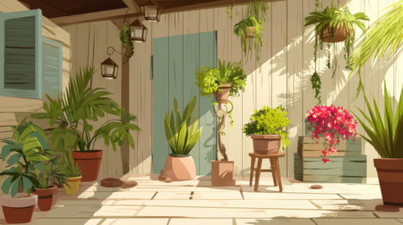 A serene outdoor space filled with lush plants and rustic decor, bathed in warm sunlight. This inviting area encourages relaxation and showcases nature's beauty.の素材