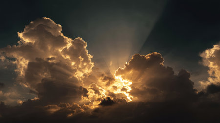 This captivating image showcases dramatic clouds bursting with sunlight, creating a stunning contrast that highlights the beauty and serenity of the sky.の素材