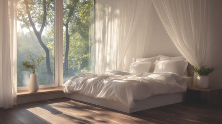 This serene bedroom features natural light streaming through large windows, creating a tranquil atmosphere. Cozy bedding and soft curtains invite relaxation and comfort.の素材