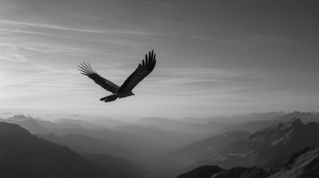 An impressive sight of an eagle gracefully soaring above stunning mountain peaks. This black and white image captures the essence of freedom in nature's embrace.の素材