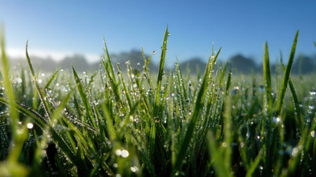 This close-up image features pristine blades of grass adorned with dewdrops in a tranquil morning setting, encapsulating the serene beauty of nature at dawn.の素材