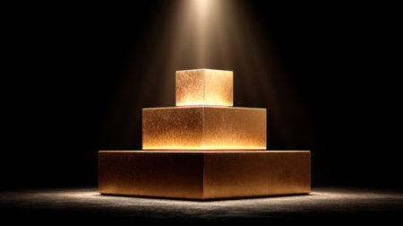 Elegant golden shapes bathe in warm light against a dark background, creating a striking contrast that embodies luxury and creativity in contemporary design.の素材