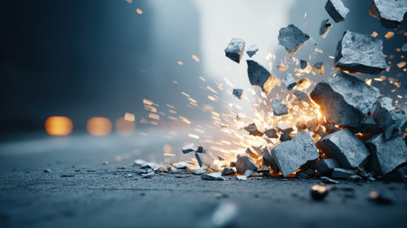 Captivating image of an explosive scene displaying concrete debris scattering in all directions, illuminated by dynamic sparks in a moody urban backdrop.の素材