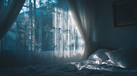 A serene bedroom scene featuring soft morning light pouring through sheer curtains, creating a tranquil ambiance perfect for relaxation and comfort.の素材