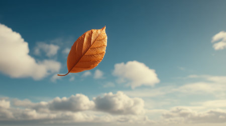 An orange leaf drifts gracefully against a clear blue sky adorned with soft white clouds, embodying the beauty and serenity of the autumn season.の素材