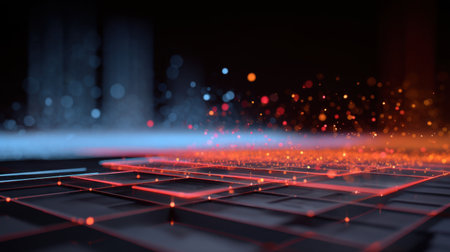 Surreal digital landscape showcasing vibrant glowing particles and intricate patterns, creating an immersive futuristic atmosphere perfect for technology themes.の素材