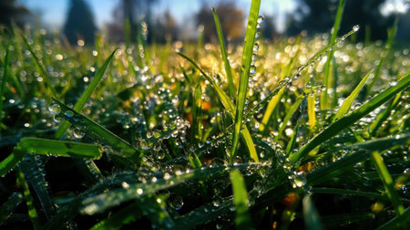 A stunning close-up image of dewy grass blades illuminated by the soft morning sunlight, showcasing water droplets that reflect the beauty of nature in a serene environment.の素材