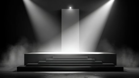 A striking monochrome stage featuring a solitary pedestal, enhanced by dramatic spotlighting and swirling smoke, ideal for showcasing performances or presentations.の素材