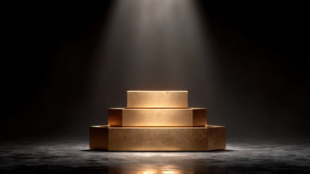 A striking image of a three-tiered podium illuminated by a dramatic spotlight. This captivating scene is ideal for showcasing awards, products, or creative presentations.の素材