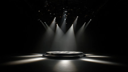 A modern theater stage illuminated by dramatic spotlights, creating a powerful ambiance for performances or events. Ideal for creative and production imagery.の素材