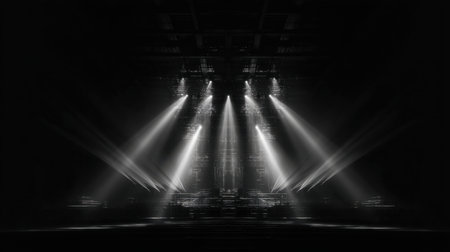 Stunning black and white image showcasing dramatic stage lighting with bright rays cutting through darkness, perfect backdrop for events and performances.の素材