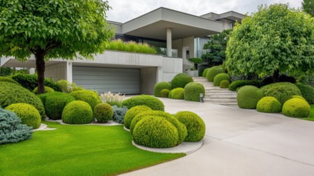 A stunning modern residential home showcasing beautifully manicured landscaping, elegant architecture, and a smooth driveway with lush greenery. Perfect for design inspiration.の素材