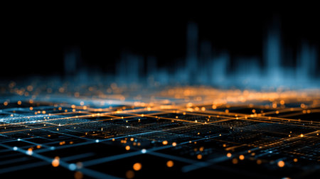 Captivating digital abstract image showcasing glowing particles across a grid structure. The blue and orange lights create a sense of depth and technology innovation.の素材