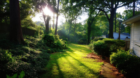 Captivating evening landscape showcasing vibrant greenery and sunlight filtering through trees, creating a tranquil atmosphere in a peaceful garden setting.の素材