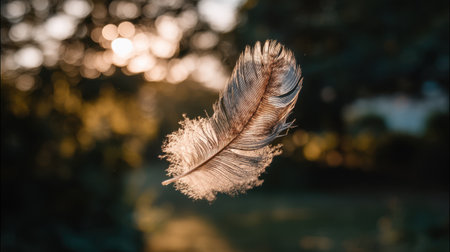 A stunning close-up of a delicate feather floating in soft light, showcasing nature's beauty and serenity. The ethereal scene captures the essence of tranquility.の素材