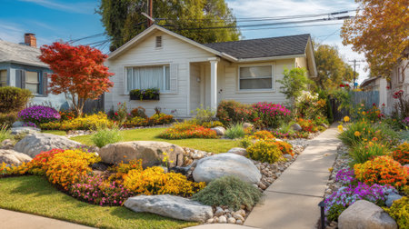 A picturesque residential home adorned with a vibrant garden full of colorful flowers, decorative stones, and a well-kept lawn, set under a serene blue sky.の素材