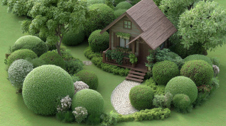 A charming wooden cottage nestled in a vibrant garden, surrounded by lush greenery and a winding stone pathway, creating a serene and inviting atmosphere.の素材