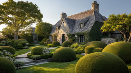 A charming stone cottage nestled in a vibrant garden featuring rounded shrubs and beautifully manicured lawns. Ideal scene for relaxation and tranquility in nature.の素材