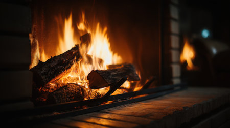A close-up view of a cozy fire burning in a fireplace, showcasing the warm flames and glowing embers. Ideal for creating a relaxing atmosphere in any interior space.の素材