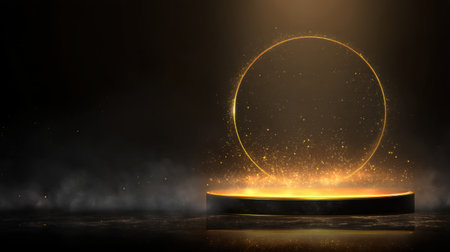 An elegant golden circular frame rests on a glowing pedestal against a dark background, surrounded by sparkling particles, embodying creativity and luxury in a stunning composition.の素材