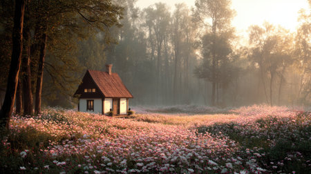 Enchanting landscape featuring a charming cottage nestled in a sea of vibrant wildflowers, bathed in soft morning light and mist, creating a tranquil atmosphere.の素材