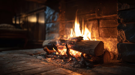 A serene scene featuring a cozy fireplace with glowing flames and burning logs, perfect for evoking feelings of comfort and tranquility in a rustic setting.の素材