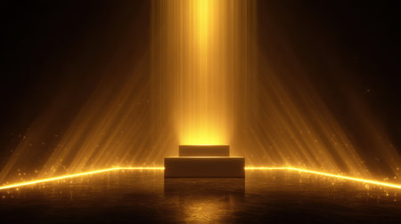 A mesmerizing golden light beam radiates from above, creating a magical atmosphere in a dark space. Ideal for artistic projects and creative backgrounds, this image captures elegance and inspiration.の素材