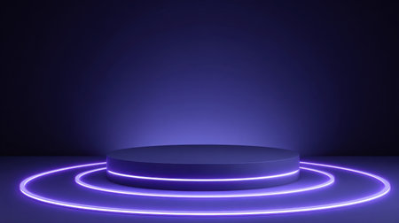 A sleek, circular platform illuminated by glowing neon lights against a deep purple backdrop, creating a captivating space for product displays or artistic presentations.の素材