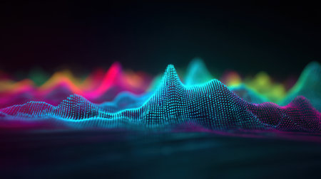 A captivating and colorful digital wave pattern showcases an artistic representation of sound waves against a dark background, blending technology and creativity.の素材