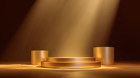 A serene display featuring golden podiums illuminated by soft spotlights, perfect for showcasing products or creating an elegant ambiance in any setting.の素材