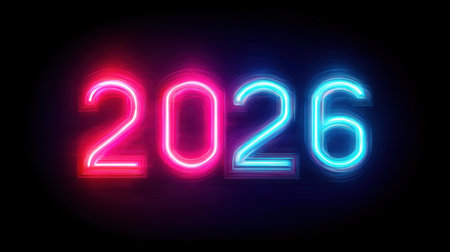 The image showcases the neon numbers 2026 glowing in vibrant pink and blue against a stark black background, perfect for celebration themes, event promotions, or future planning.の素材