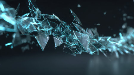 Captivating image of fragmented glass shards moving dynamically, reflecting light against a dark background, showcasing abstract beauty and modern artistic flair.の素材