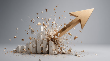 This dynamic image depicts a golden arrow breaking through a shattering bar graph, symbolizing growth and success in business. Ideal for presentations and articles.の素材