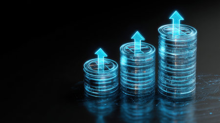 This image showcases transparent coins with upward arrows in a digital setting, symbolizing financial growth and investment success in a modern economy context.の素材